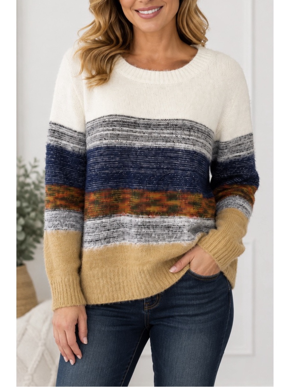 FATE long sleeve knit sweater,soft cream-colored upper section horizontal stripe